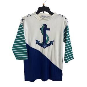 Vtg 90s Russ Studio Embroidered Anchor Top Size Small 3/4 Sleeve Nautical